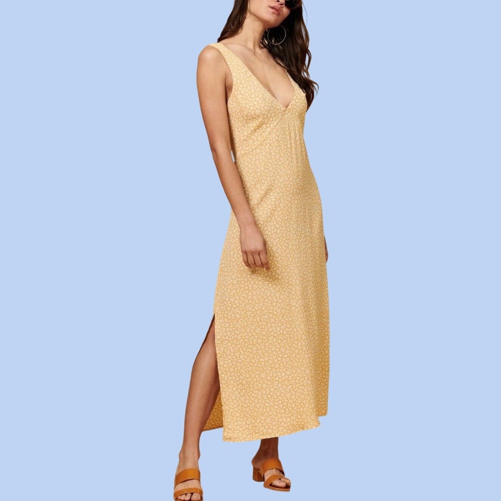 NWT Whimsy + Row Ella Dress Mustard Yellow Floral V-Neck Cutout Back Midi XS